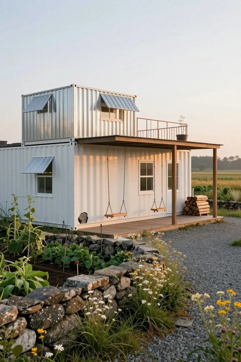 White shipping container home stacked two levels high with silver metal upper container, wooden covered porch and hanging swings, stone wall garden beds, firewood stack, and rural field backdrop.