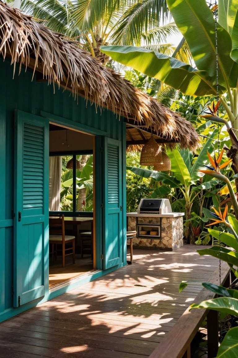 Turquoise shipping container home with thatched roof, open louvered doors revealing interior dining area, wooden deck with stone barbecue grill, and surrounding tropical plants including palms and bird of paradise.