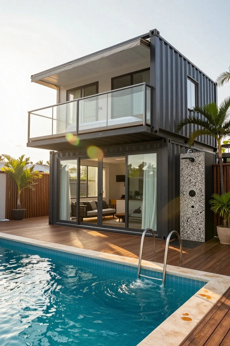 Two-story black shipping container home with glass balcony and large sliding glass doors on the lower level opening to a wooden deck next to a blue swimming pool, surrounded by palm trees and plants.