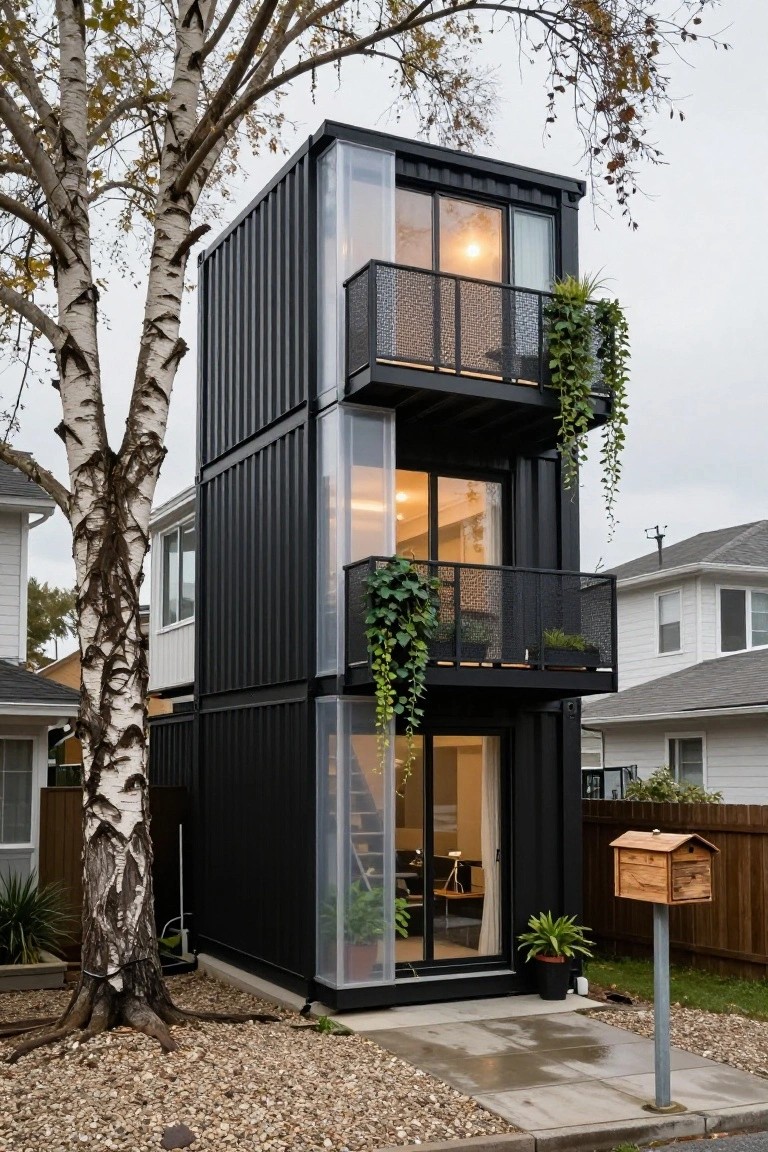 Tall black shipping container home stacked three stories high with glass walls, metal balconies covered in climbing vines, beside a birch tree on a gravel yard with neighboring houses.