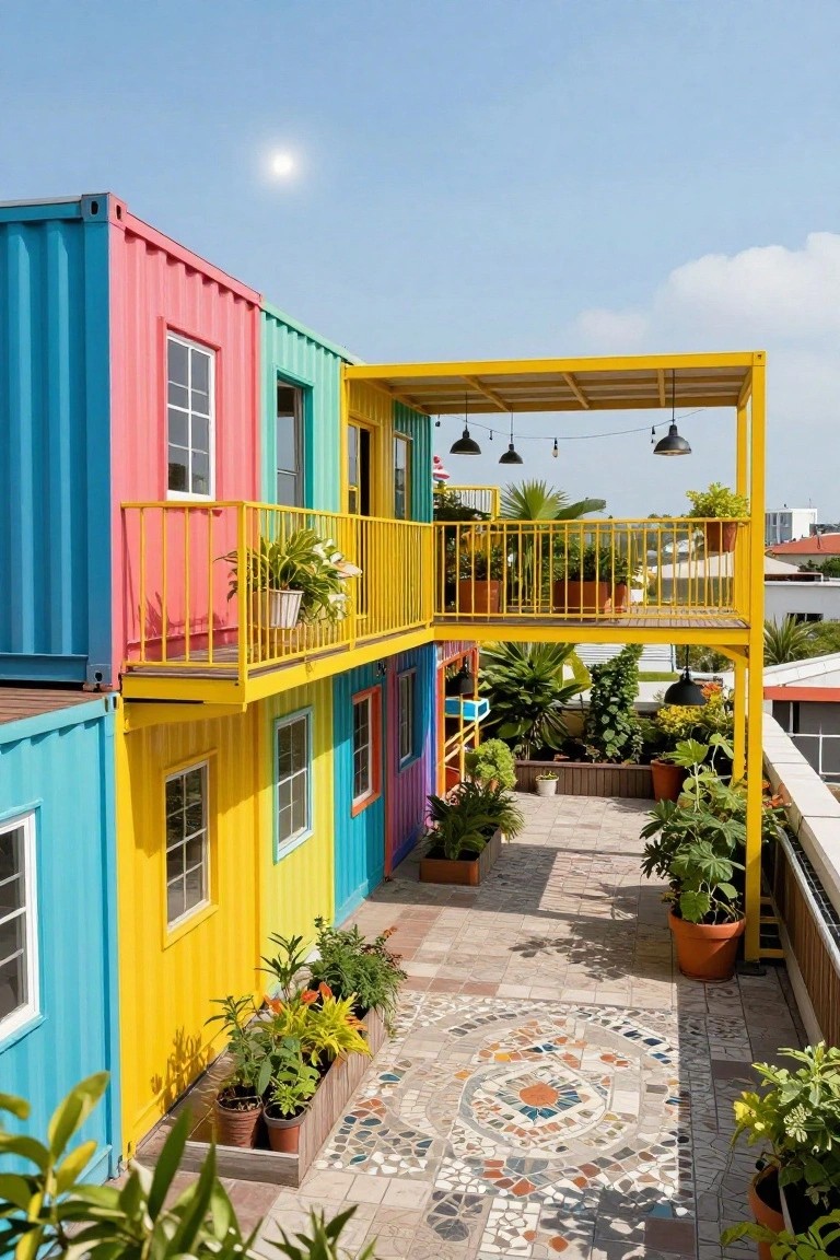 Multi-level house made from shipping containers painted blue, pink, green, and yellow, connected by yellow metal walkways and balconies with plants, surrounding a tiled courtyard with potted greenery under a blue sky with sun and clouds.