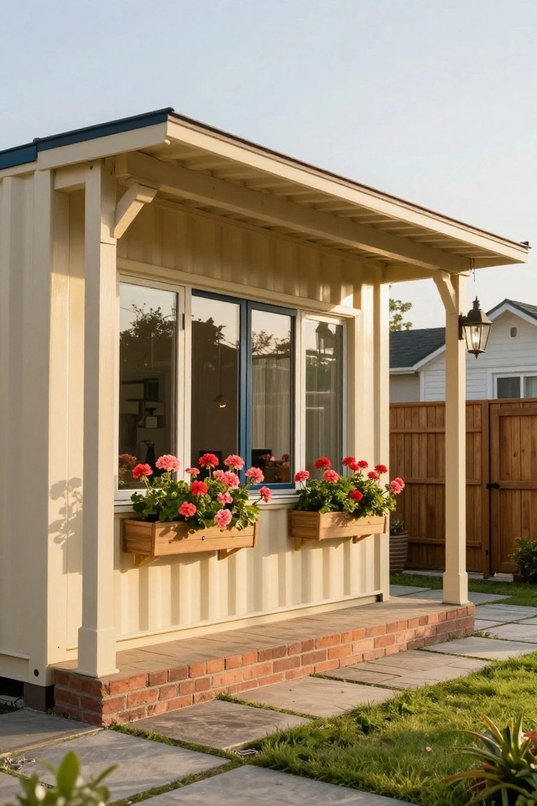 Beige shipping container home exterior with wooden porch overhang, large sliding window with blue frame, wooden flower boxes containing red geraniums, brick entry steps, paver path, grass yard, and fence.