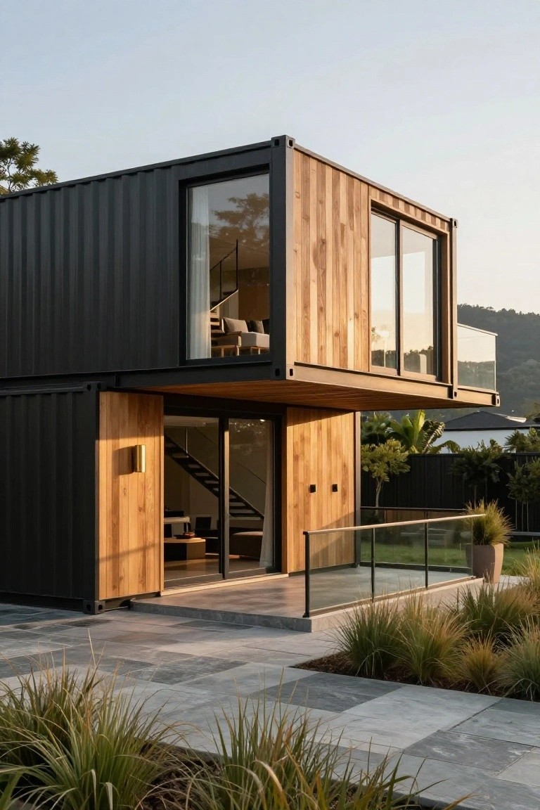Two-story black shipping container home with vertical wood cladding on one side, large glass windows and doors, cantilevered upper balcony with railing, entrance stairs, paved stone patio, and grasses in the yard.