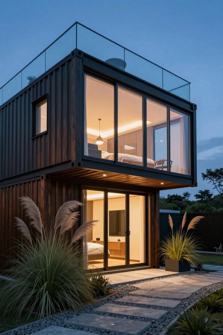 Two-story shipping container home with dark wood cladding, large frameless glass walls and balcony on the upper level, sliding glass entry doors on the lower level, pampas grass plantings, and a stone pathway at dusk.