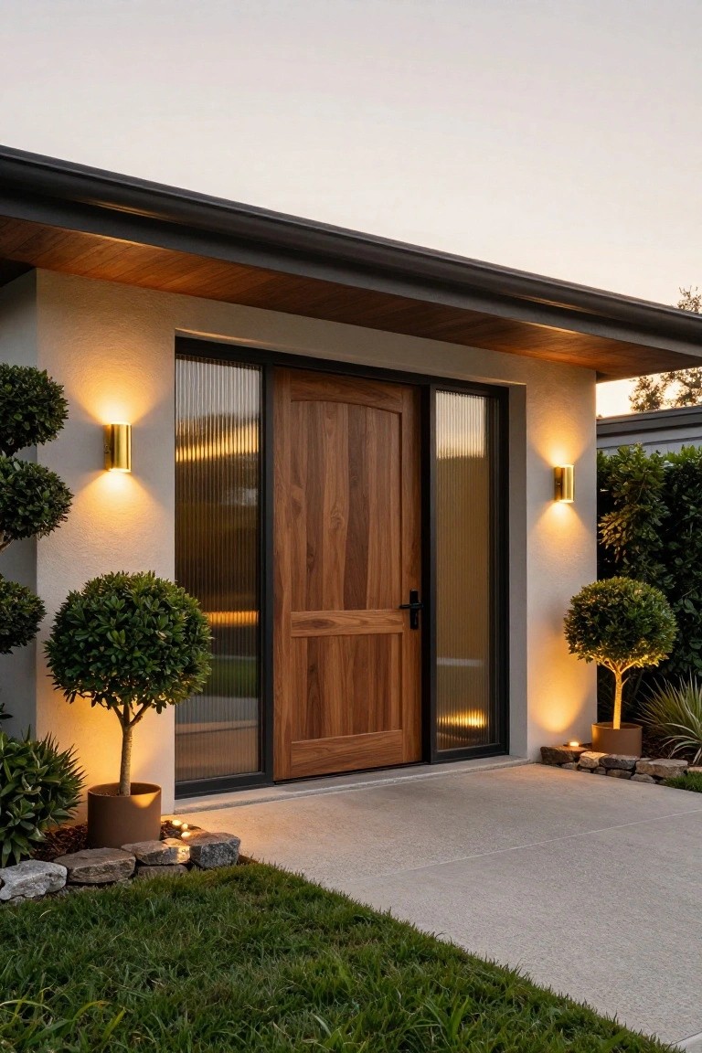 Modern house facade with a wooden entry door, frosted glass sidelight, flanked by two brass wall sconces, potted topiary plants, and a concrete pathway at dusk.