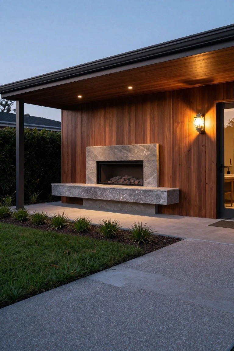 Modern covered porch attached to wood-clad house wall featuring a built-in gray stone linear fireplace with lit gas logs, recessed ceiling lights, wall lantern beside glass door, concrete pavers, low plants, and adjacent grass lawn at dusk.