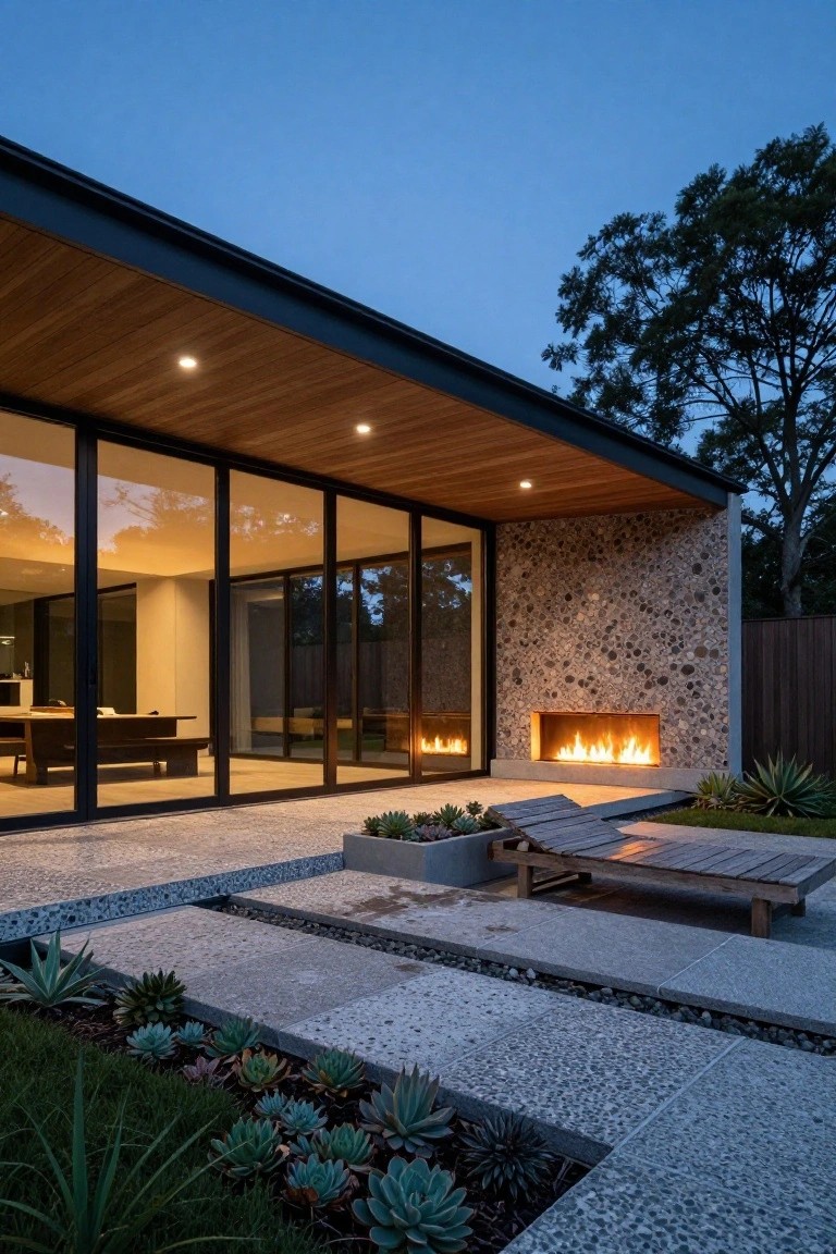 Modern house exterior at dusk with cantilevered wood roof featuring recessed lighting, large black-framed glass sliding doors, pebble stone wall with linear gas fireplace, teak lounge chair, and succulent plantings on gravel patio.