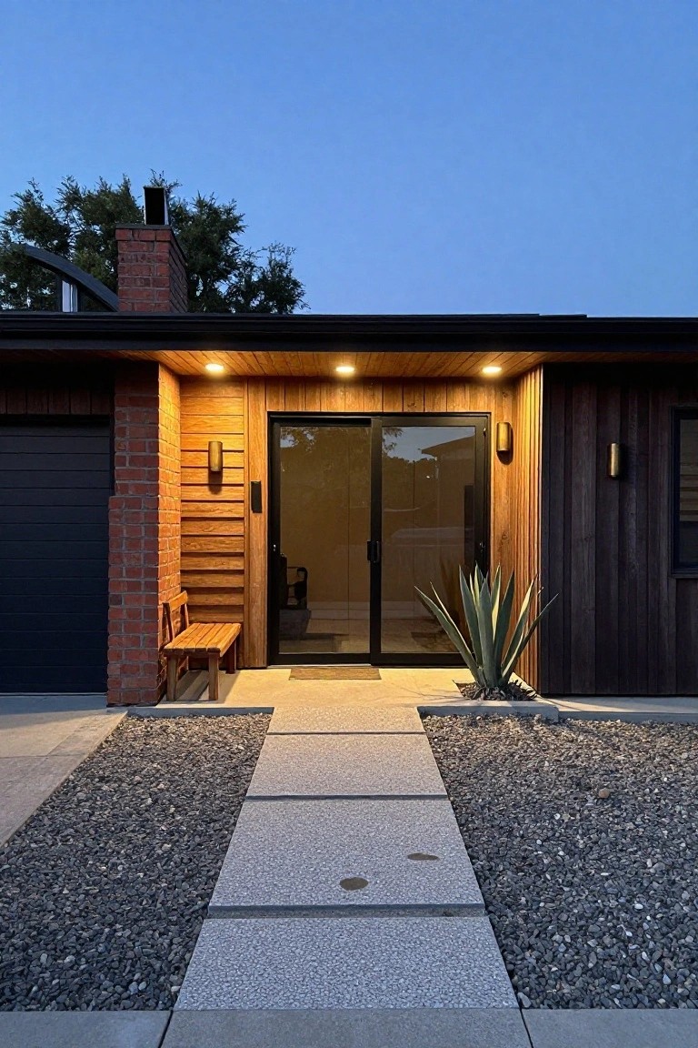Front exterior of a mid-century modern house at dusk showing wood-clad entry with glass doors, wall sconces, overhead soffit lighting, brick chimney, garage door, wooden bench, paver pathway through gravel, and agave plant.