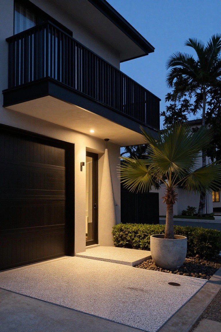 Modern two-story house exterior at dusk with dark paneled garage door, narrow lit entry door flanked by wall light, black metal balcony railing above, tall fan palm trees, potted plant in gravel bed, and pebbled driveway.