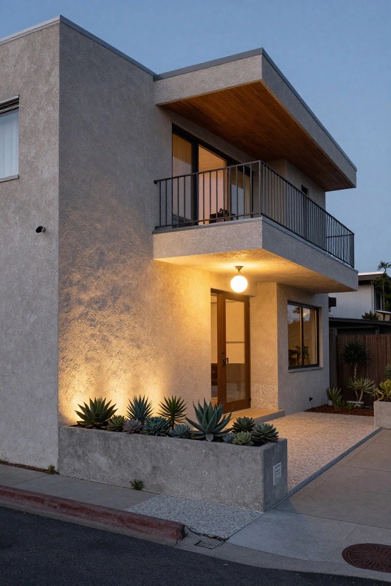 Side view of a two-story modern stucco house at dusk featuring a second-floor balcony with black railing, wood-framed entry door lit by a white globe pendant, uplighted succulents in concrete planters against the wall, pebble entry path, and adjacent driveway.