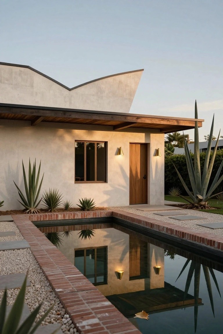 White stucco house exterior with angular roof, wood entry door flanked by conical brass sconces, agave plants along the base, and a brick-edged reflecting pool in front at dusk.