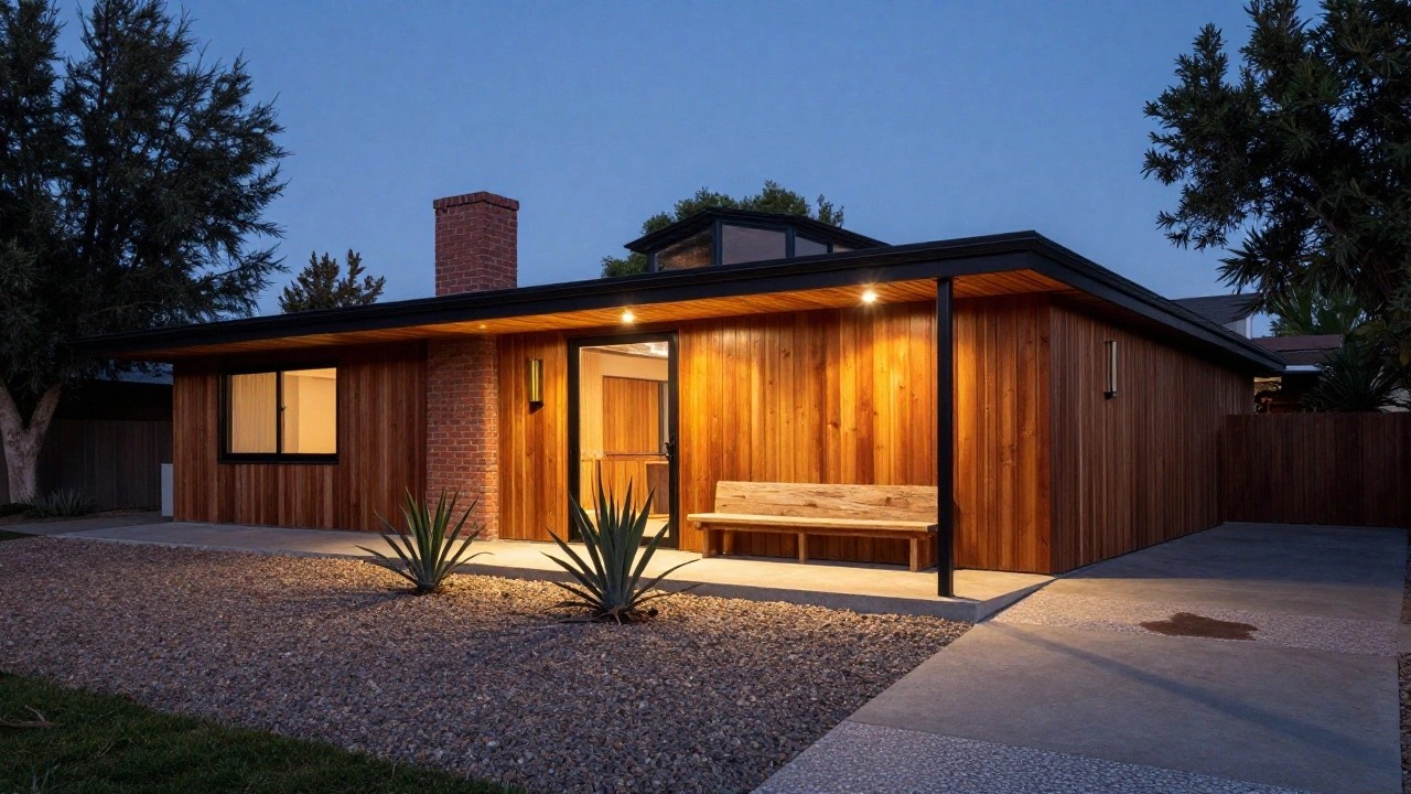Front exterior of a mid-century modern house at dusk showing wood-clad entry with glass doors, wall sconces, overhead soffit lighting, brick chimney, garage door, wooden bench, paver pathway through gravel, and agave plant.