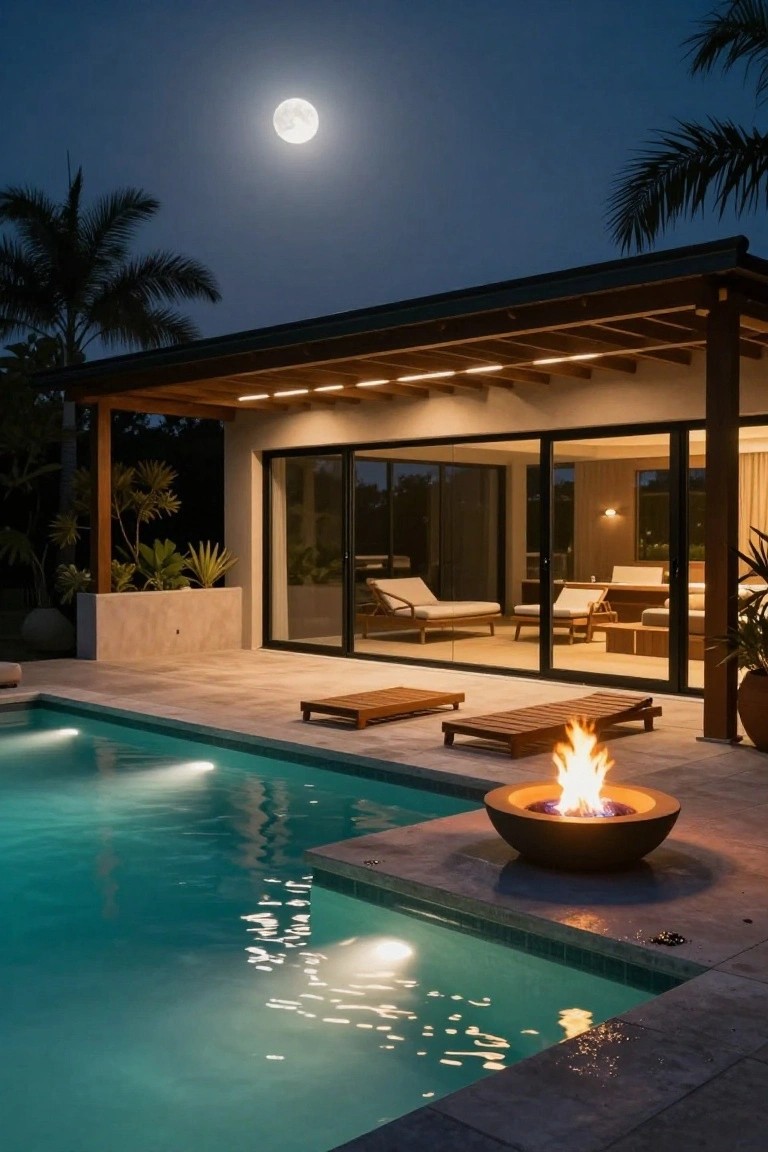 Night view of a modern house with glass walls overlooking a lit turquoise pool, a concrete bowl fire pit with flames at the pool edge, wooden lounge chairs and tables on tiled patio, palm trees, and full moon in dark sky.