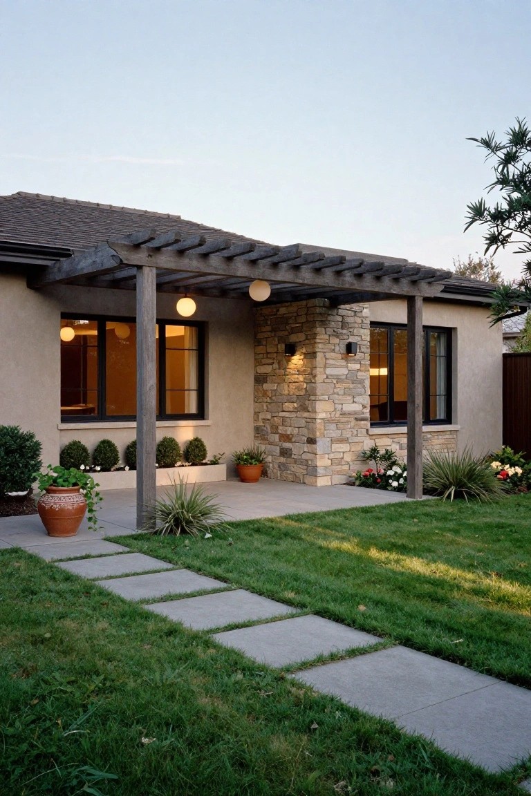 Modern single-story house exterior with beige stucco walls, a stone accent pillar, black-framed windows, wooden pergola over the entry with hanging white globe lights, potted plants, flower beds, and a concrete paver pathway in the front yard at dusk.