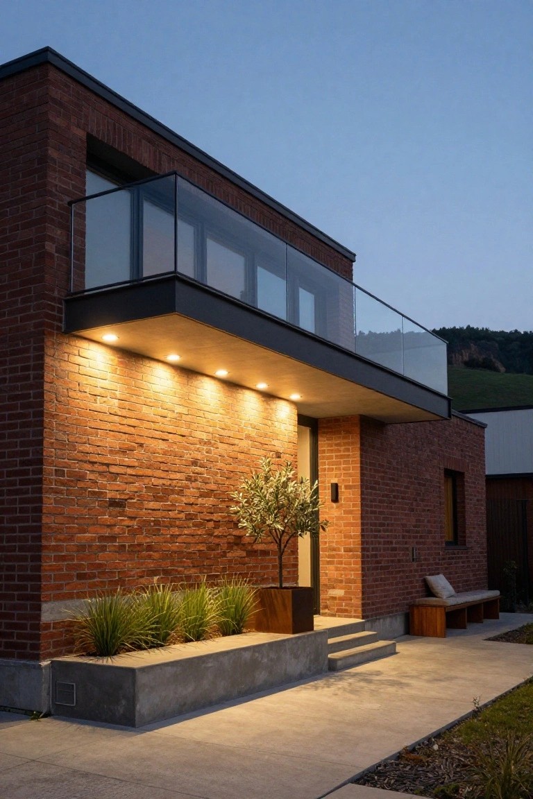 Side view of a modern two-story brick house at dusk with a cantilevered black metal overhang over the entry, recessed round lights glowing underneath, glass balcony railing above, potted olive tree and grasses near the door, wooden bench, concrete steps, and pathway.