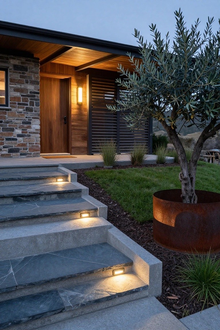 Modern house exterior at dusk showing slate-treaded concrete steps with recessed lights, wooden front door, brick and wood accents, olive tree in rusted metal planter, and lawn with grasses.