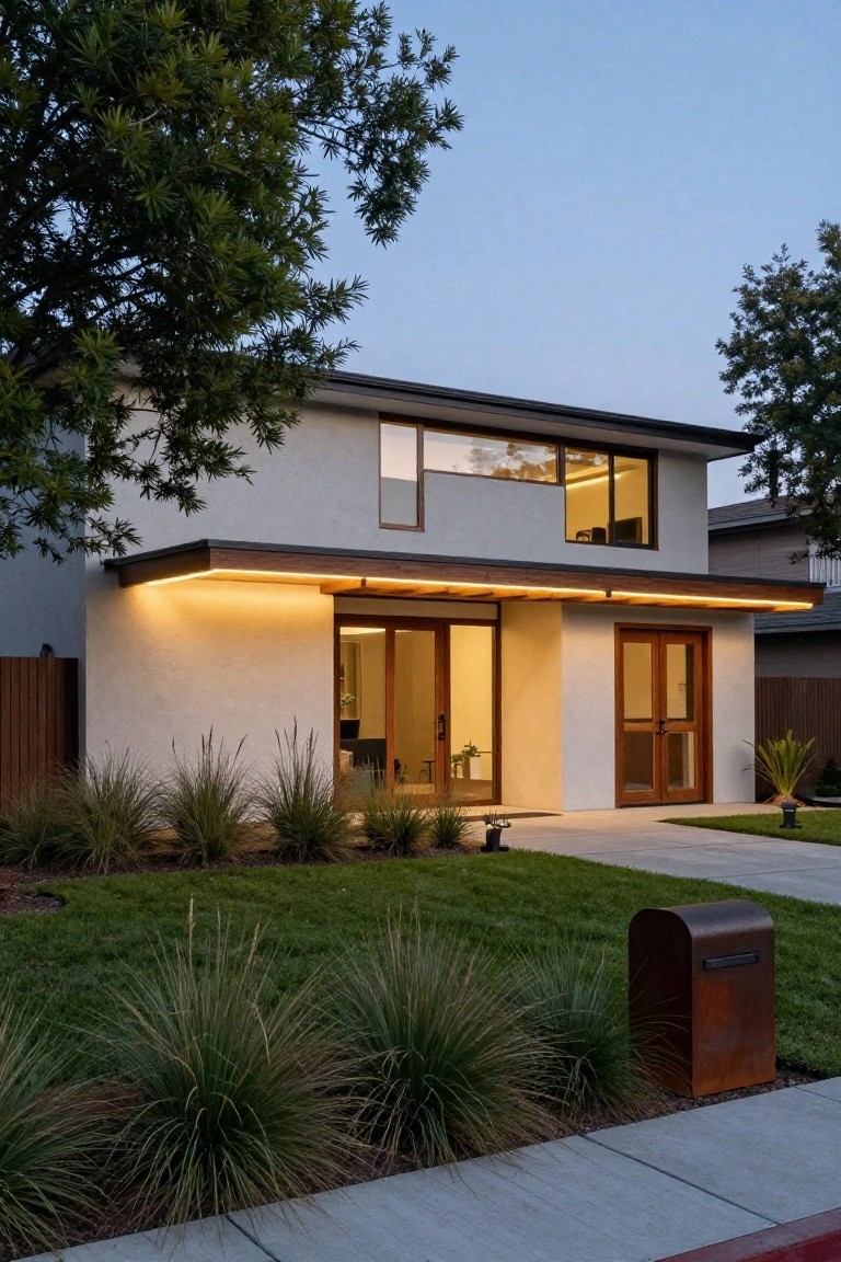 Beige stucco modern house exterior at dusk with warm yellow LED strip lighting under the dark cantilevered roof overhang, wooden double entry doors, pampas grass plantings, lawn, mailbox, and trees.