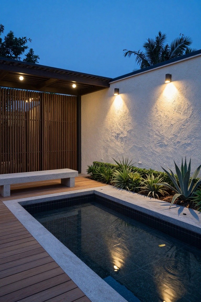 Dusk view of a small rectangular black-tiled plunge pool edged in stone on a wooden deck, with agave plants, a concrete bench, wall-mounted cylindrical lights on a textured beige stucco wall, wooden slatted screen, and overhead pergola lights.
