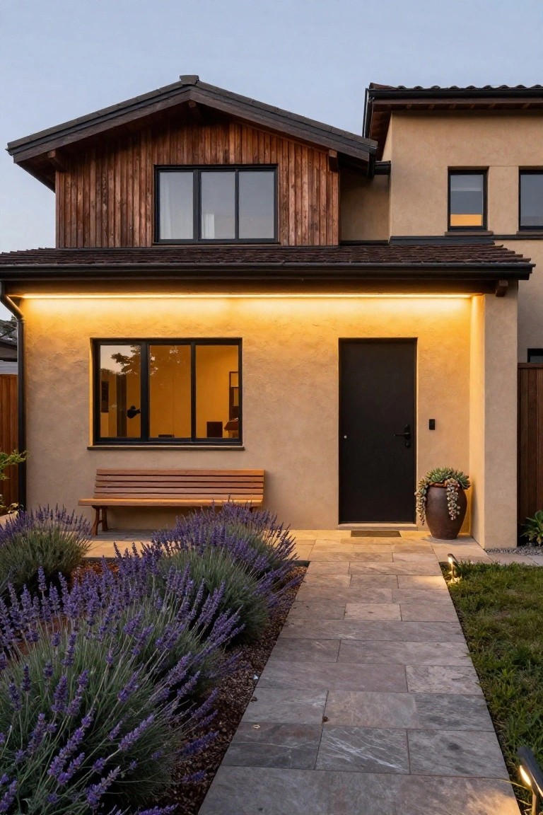 Modern house exterior at dusk with dark wood vertical siding on upper section, beige stucco walls below, black front door, warm yellow LED strip lighting under eaves and along pathway, wooden bench beside wall, lavender plants lining stone path, potted succulent by door.