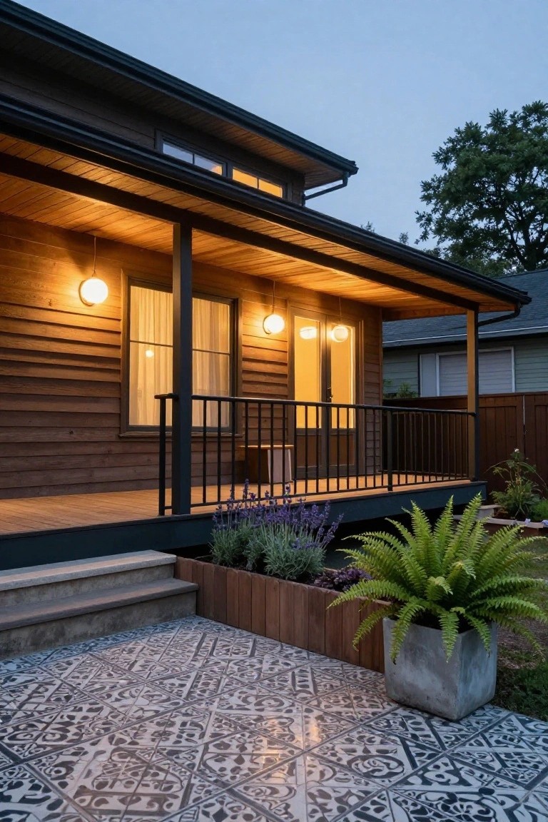 Evening photo of a dark wood-clad modern house with a covered porch, hanging white globe pendant lights from the wooden ceiling, lit windows, black metal railings on the deck, potted ferns and lavender plants, and a black-and-white patterned tile patio.