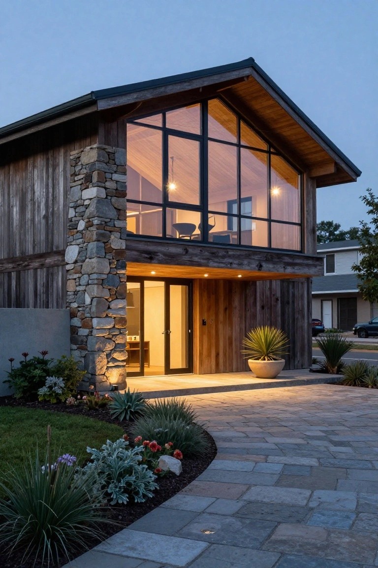 Modern two-story house exterior at dusk featuring weathered wood siding, a tall stone pillar, large black-framed glass windows glowing from interior lights, lit entry door under overhang, curved stone pathway, and drought-tolerant plants.