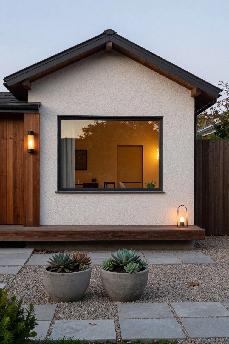 Exterior of a modern house featuring white plaster walls with cedar wood siding around a wooden door and large black-framed window, illuminated by a wall lantern and deck lantern, with potted succulents on a wooden deck and gravel ground cover.