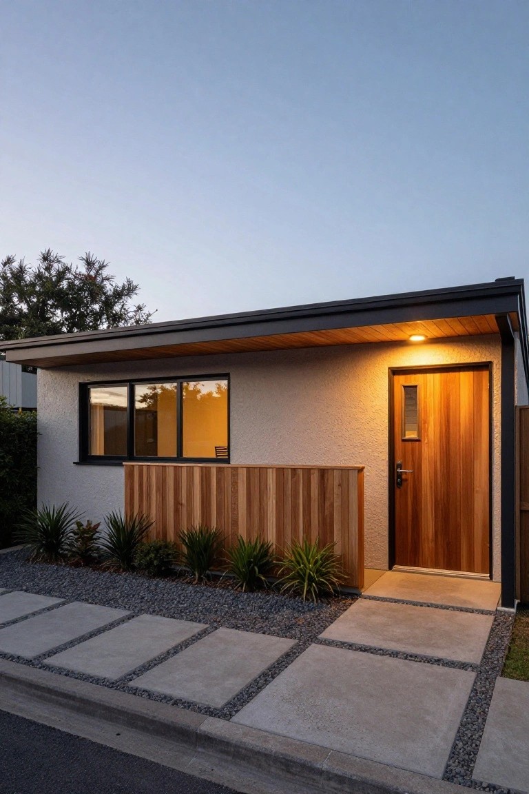 Side view of a mid-century modern house exterior at dusk showing a wooden entry door with overhead recessed light, black-framed windows, wooden soffit and fence, gravel ground cover, and concrete paver path.