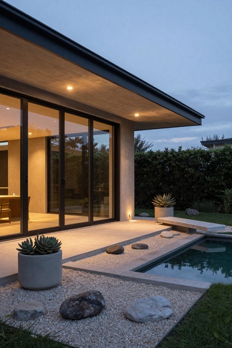 Side exterior of a modern house with gray concrete walls, black metal roof overhang, large black-framed sliding glass doors, warm recessed ceiling lights, concrete terrace with gravel ground cover, large rocks, potted succulents, stone bench, and narrow in-ground pool edged by grass at dusk.