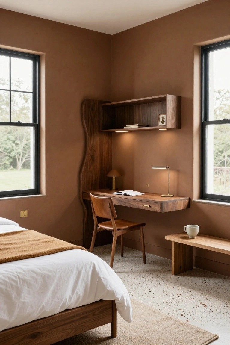 Bedroom corner featuring terracotta walls, wavy-edged wooden built-in shelving, floating walnut desk with chair, nearby bed, bench, and black-framed windows overlooking trees and fields.