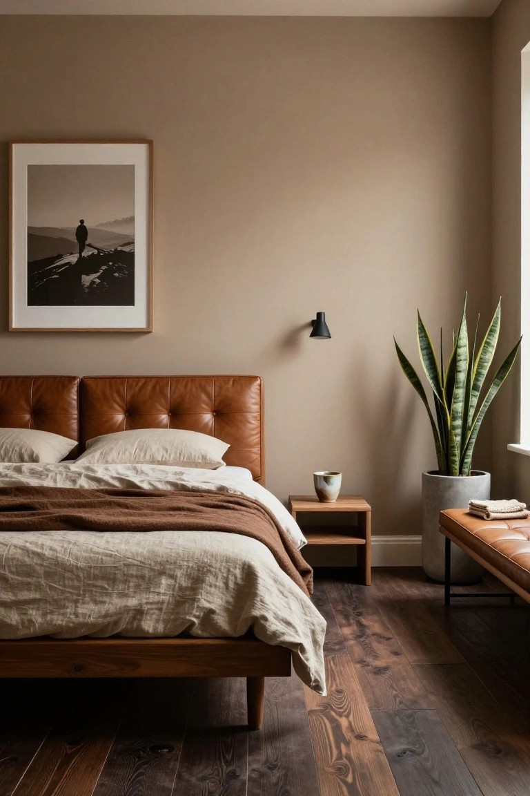 Bedroom with tufted brown leather headboard on wooden frame, beige walls, light linens and brown throw, wooden nightstand with ceramic mug, tall snake plant in gray pot, and leather bench at bed foot on wood floors.