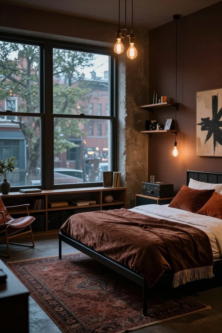 A loft-style bedroom featuring a black metal bed with rust velvet bedding and pillows, deep maroon walls, large black-framed windows showing a rainy urban street, wooden shelves with books, a red armchair, rust rug, and warm pendant lights.