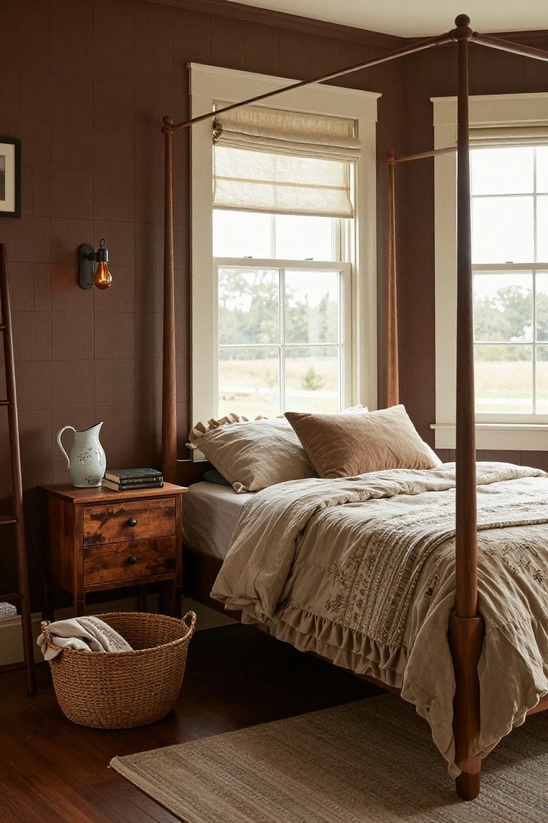 A bedroom with brown shiplap paneled walls, tall wooden four-poster bed with beige linens and ruffled bedding, wooden nightstand holding books and a white pitcher, wicker basket on the floor, and large windows with bamboo shades overlooking fields.