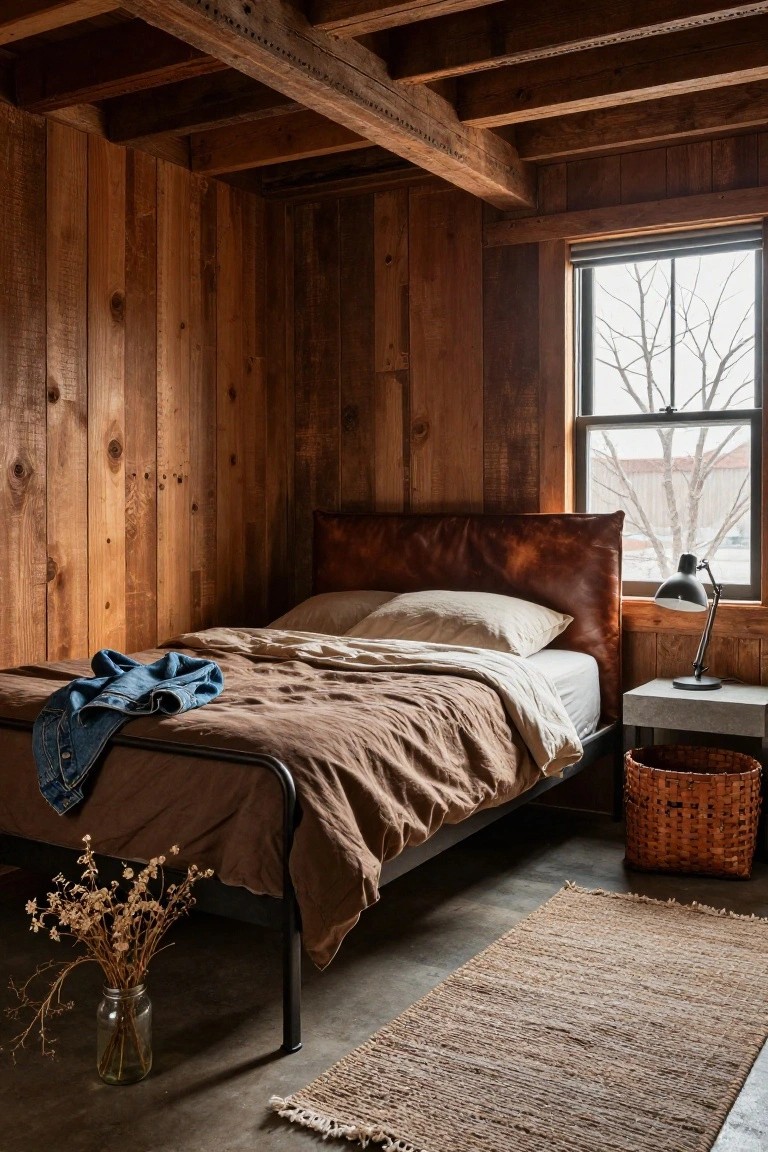 Bedroom with brown vertical wood paneling on walls and ceiling, metal bed frame with tan linens and blue denim jacket, leather headboard, concrete nightstand with lamp, wicker basket, and jar of dried flowers on concrete floor beside window.