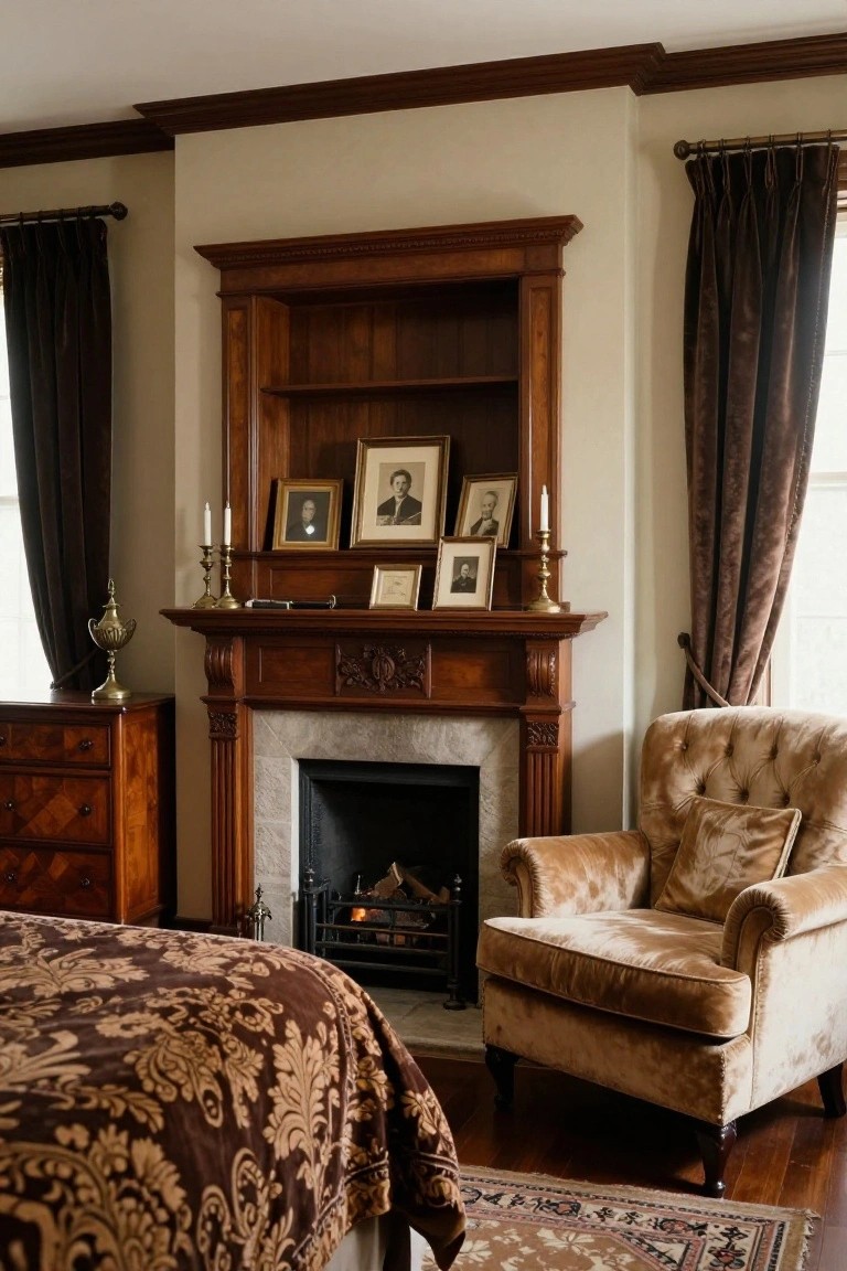 A bedroom with a carved wooden fireplace mantel featuring built-in shelves displaying framed portraits and candlesticks, next to a tufted velvet armchair, wooden dresser, and bed with ornate brown bedding on hardwood floors.
