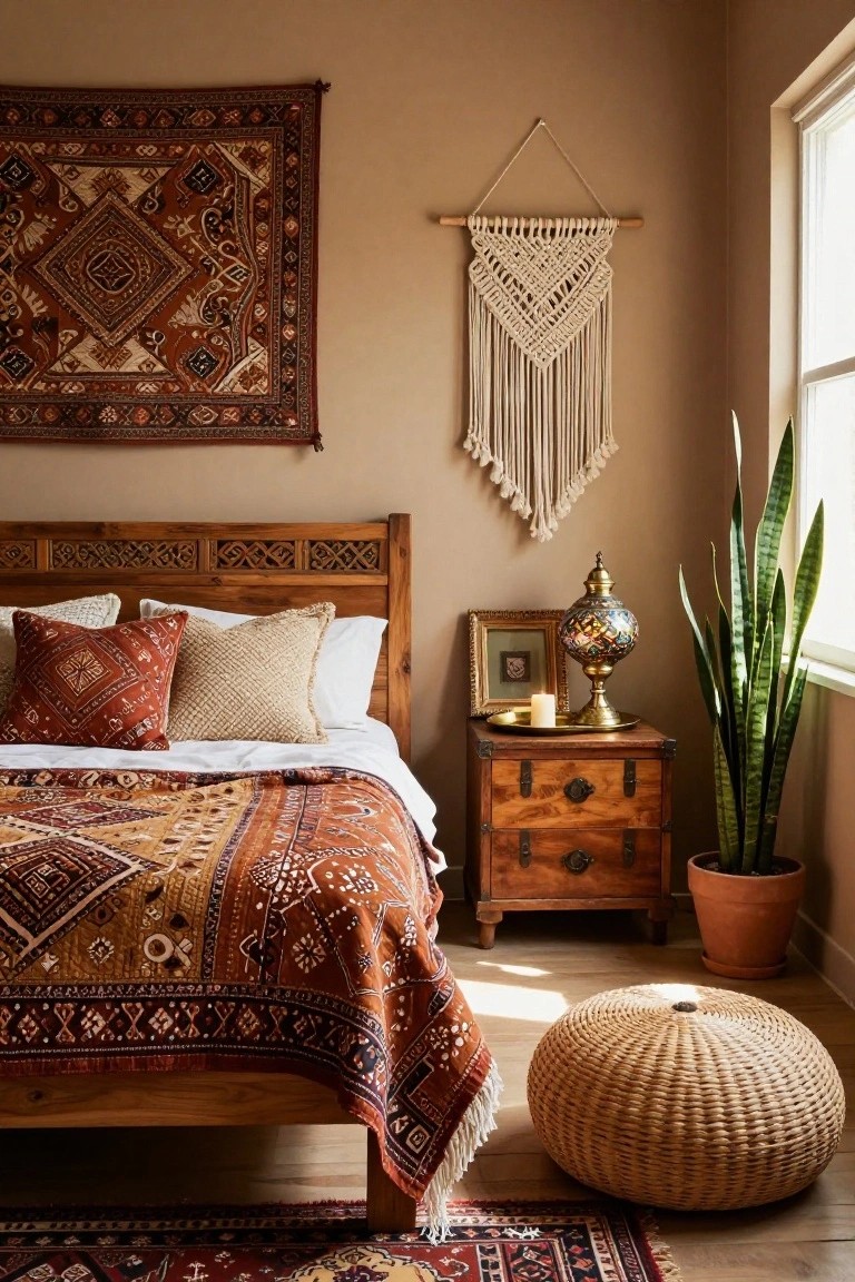 Cozy bedroom with wooden bed, macrame wall hanging, woven pouf, and snake plant.