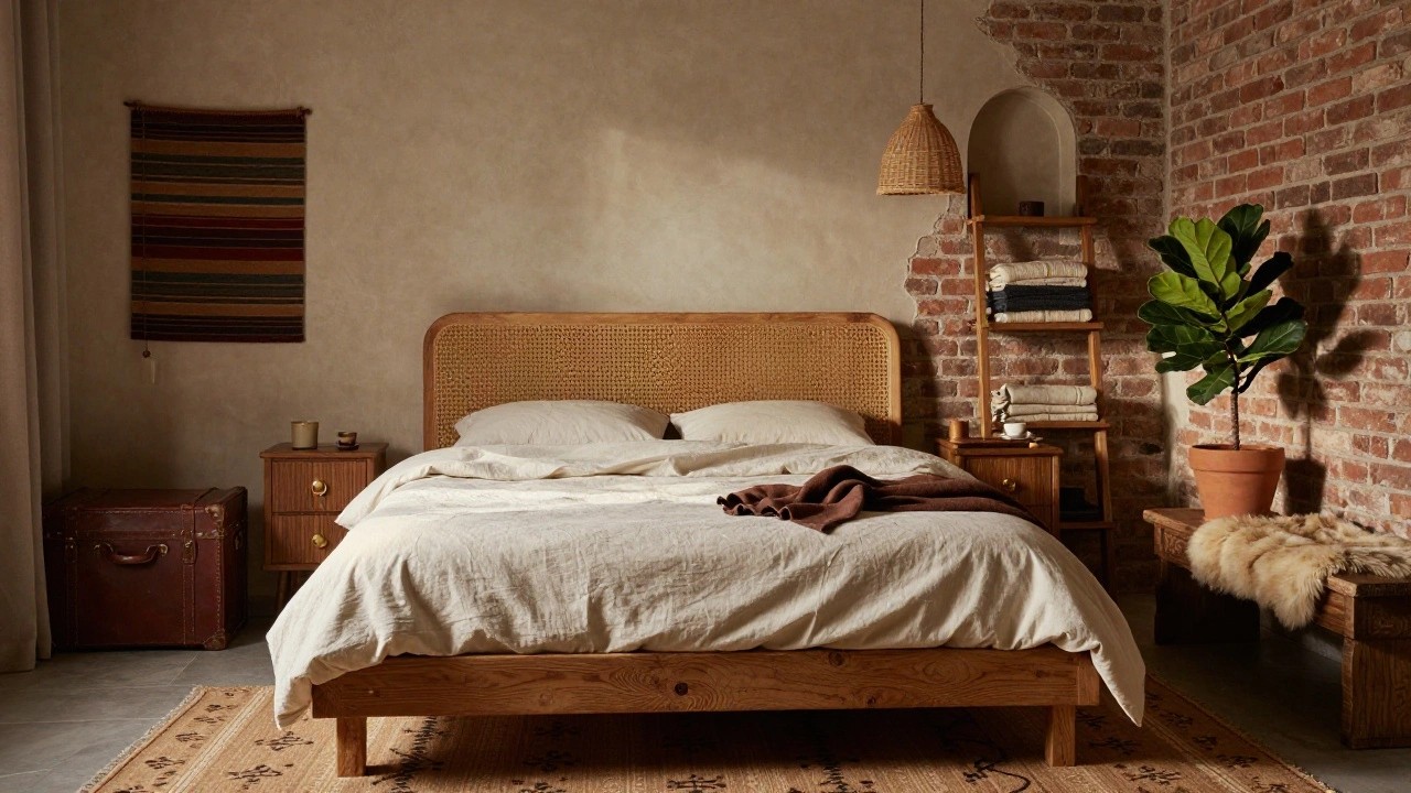 A cozy bedroom with an exposed red brick feature wall and arched niche, rattan headboard bed dressed in white and brown linens, wooden nightstand and bench, ladder shelf with potted plant, vintage trunk, and Persian-style rug on the floor.