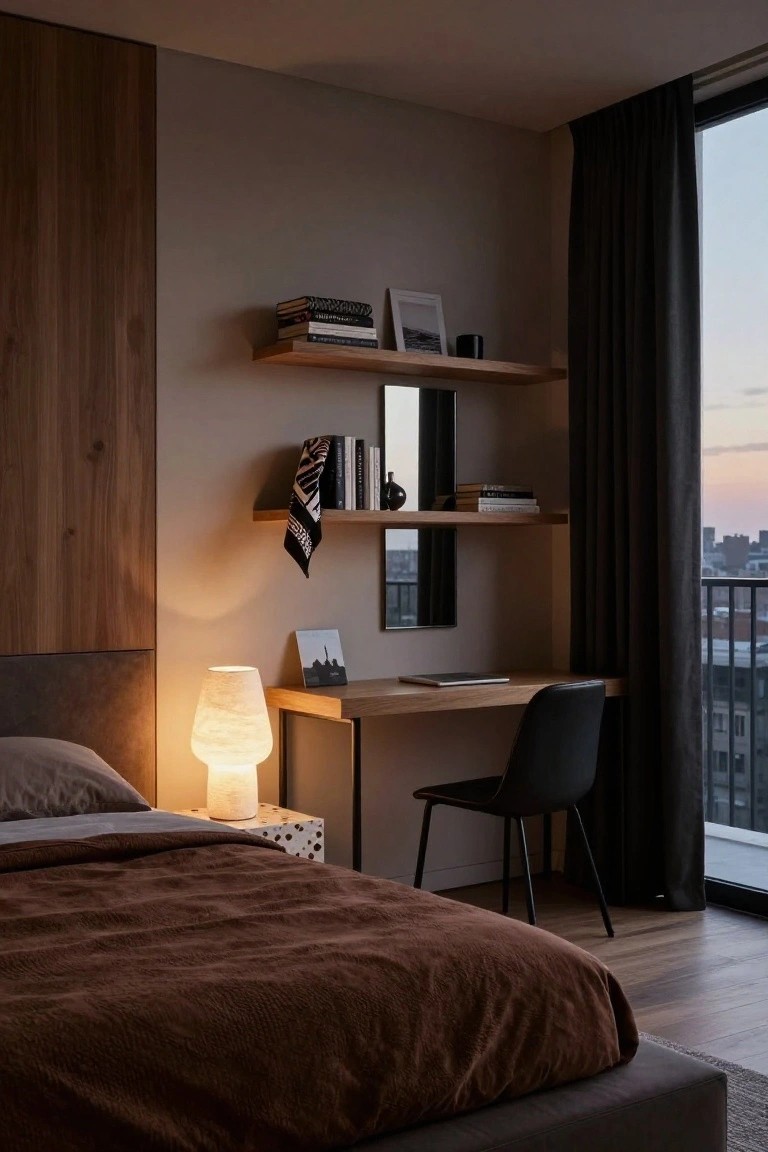 Modern bedroom with floating wooden shelves, desk, and warm lighting.