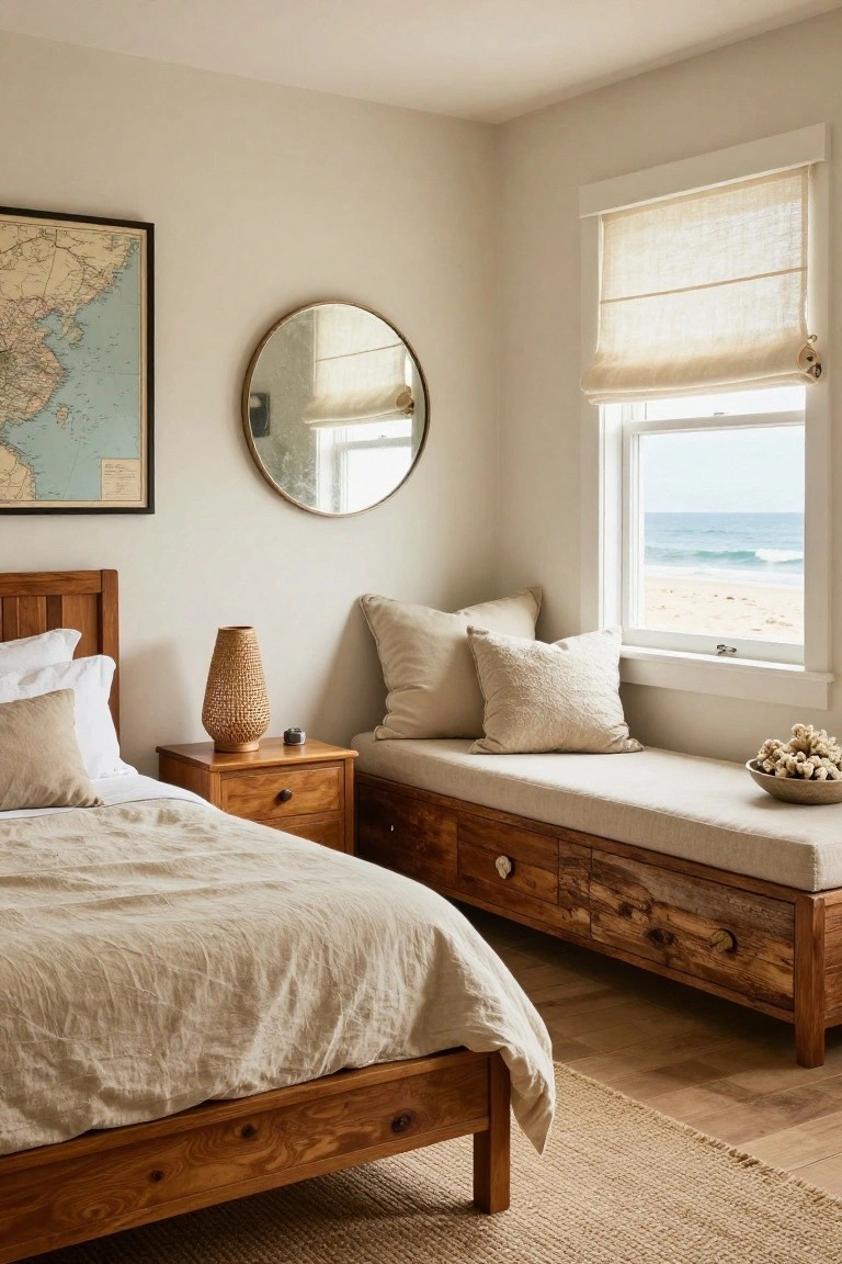 Light beige bedroom with brown wooden bed frame, matching nightstand and window bench with storage drawers, rattan lamp, gold round mirror, framed map on wall, neutral pillows and duvet, linen roman shade on window showing beach and ocean view.