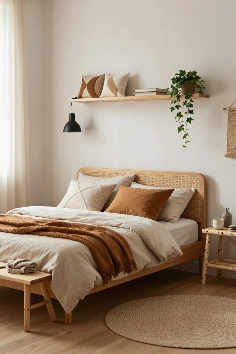 Bedroom with low rattan headboard bed covered in beige linens and orange-brown throw and pillows, wood bench at foot, side table with mug, wall shelves with books and ivy plant, black wall lamp, and round seagrass rug on light wood floor.