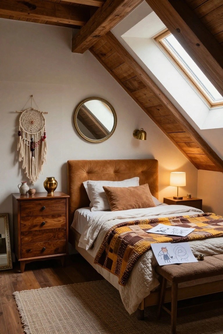Bedroom interior with sloped ceiling and exposed wooden beams, brown velvet upholstered headboard, wooden nightstands, patchwork quilt on bed, and wall decor including a dreamcatcher.
