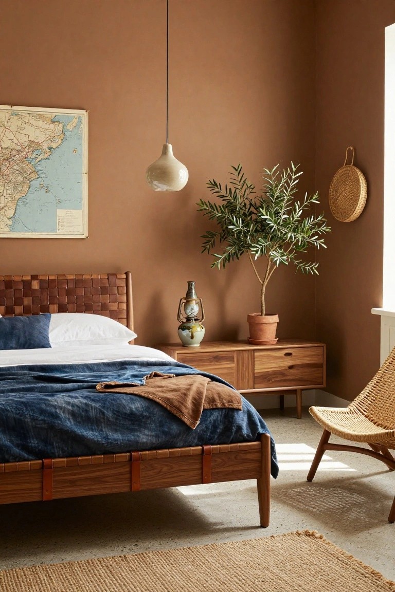 Bedroom with terracotta walls, wooden bed featuring braided leather headboard and navy bedding, wooden nightstand holding a ceramic lamp and potted olive tree, rattan chair, woven wall basket, and vintage map on wall.