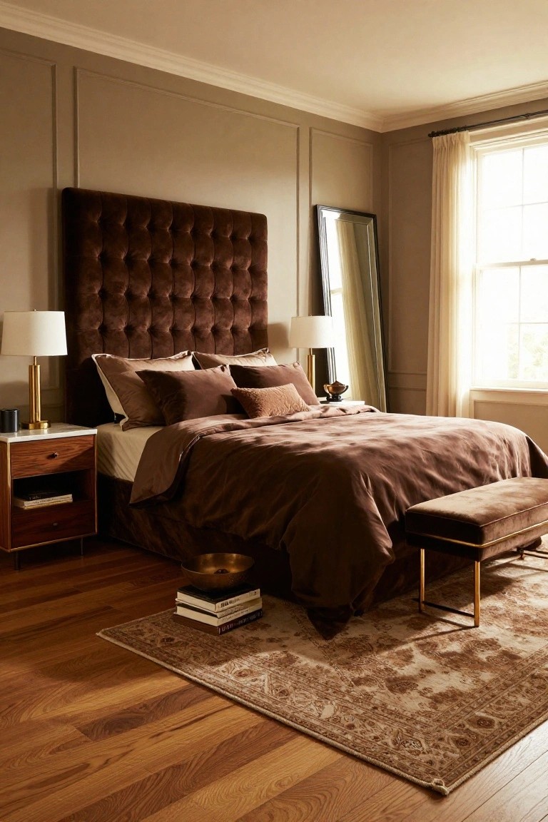 Bedroom interior with large tufted brown velvet headboard, brown bedding and pillows, wood nightstands with lamps, velvet bench, books and bowl on floor, patterned rug, and hardwood floors.