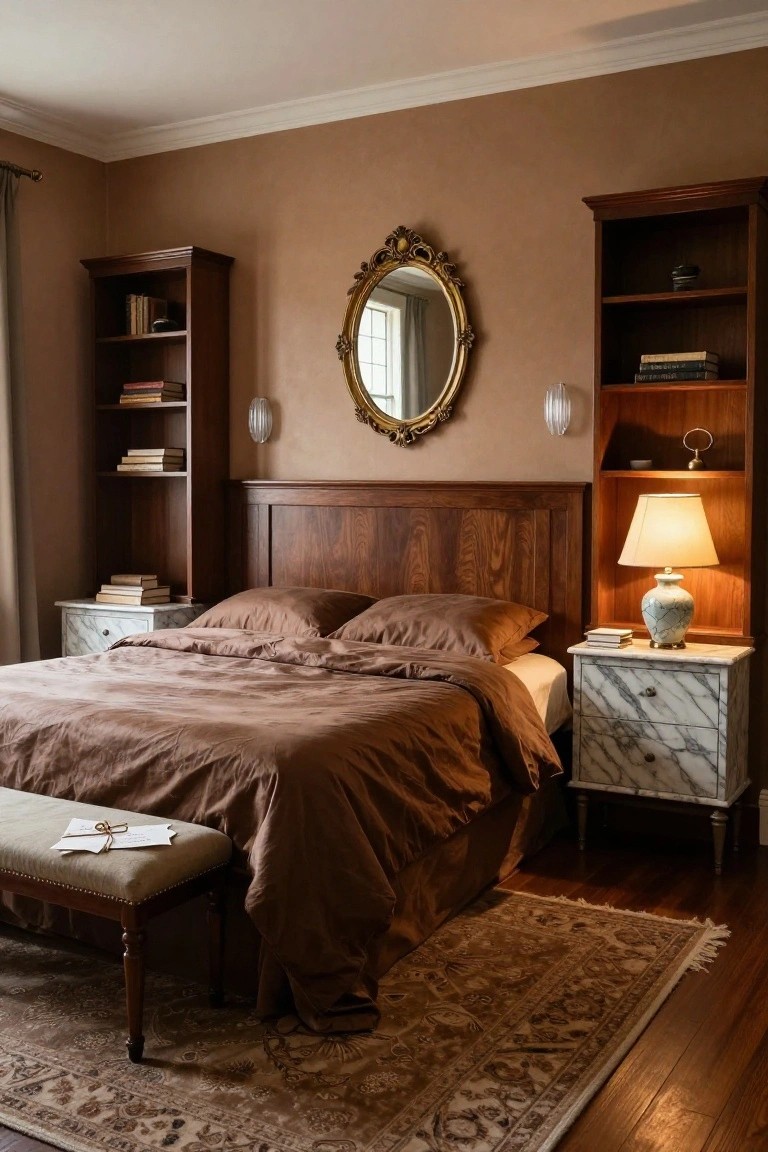 A bedroom with a large wood-paneled bed covered in brown linens, flanked by tall wooden bookshelves filled with books, a marble nightstand with a lamp, and an ornate gold mirror on the beige wall.