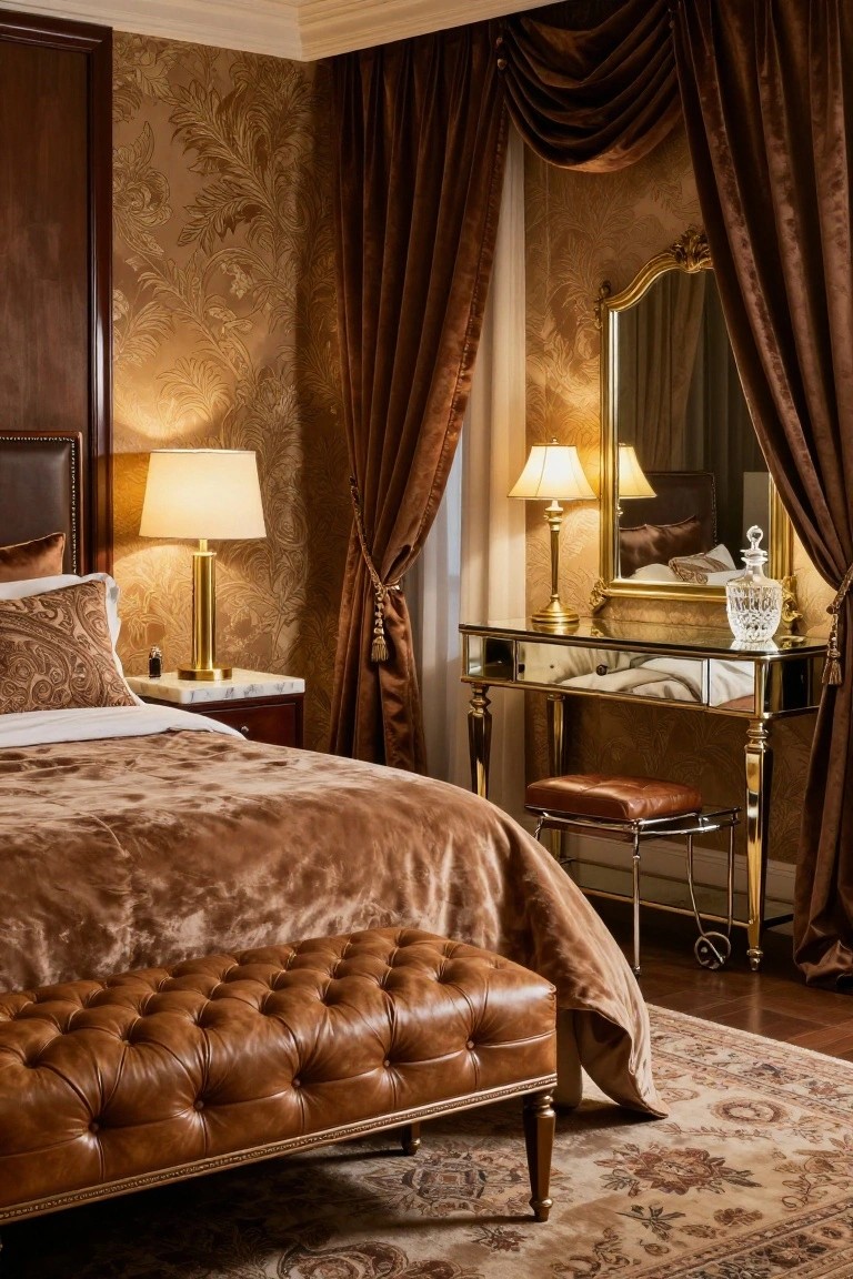 A bedroom interior with brown velvet bedspread on a tufted bed, gold vanity table and mirror, leather bench at the foot, bronze lamps, and heavy drapes against patterned wallpaper.