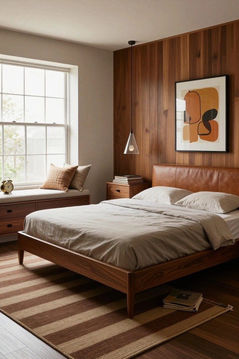 Bedroom interior with vertical wood paneling on walls, tan leather headboard on wooden bed frame with white linens, window bench with pillows, nightstand, pendant light, abstract wall art, and striped rug on wood floor.