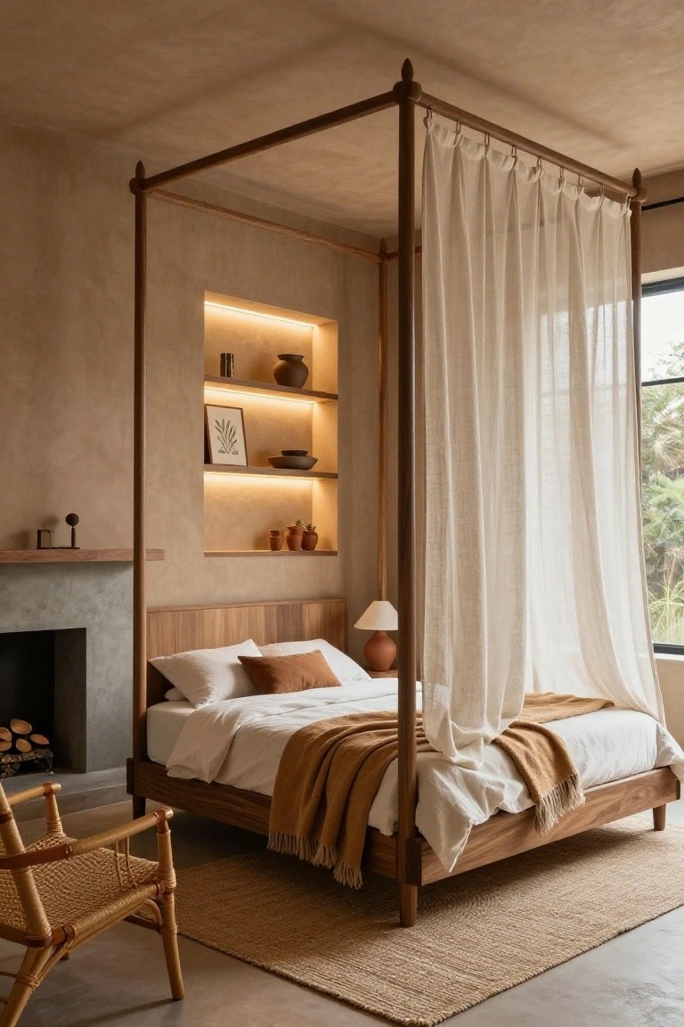 Bedroom interior with a tall wooden four-poster bed draped in sheer white curtains, beige textured walls, a built-in niche shelf lit with warm LEDs holding pottery and plants, a small fireplace, rattan chair, and seagrass rug.