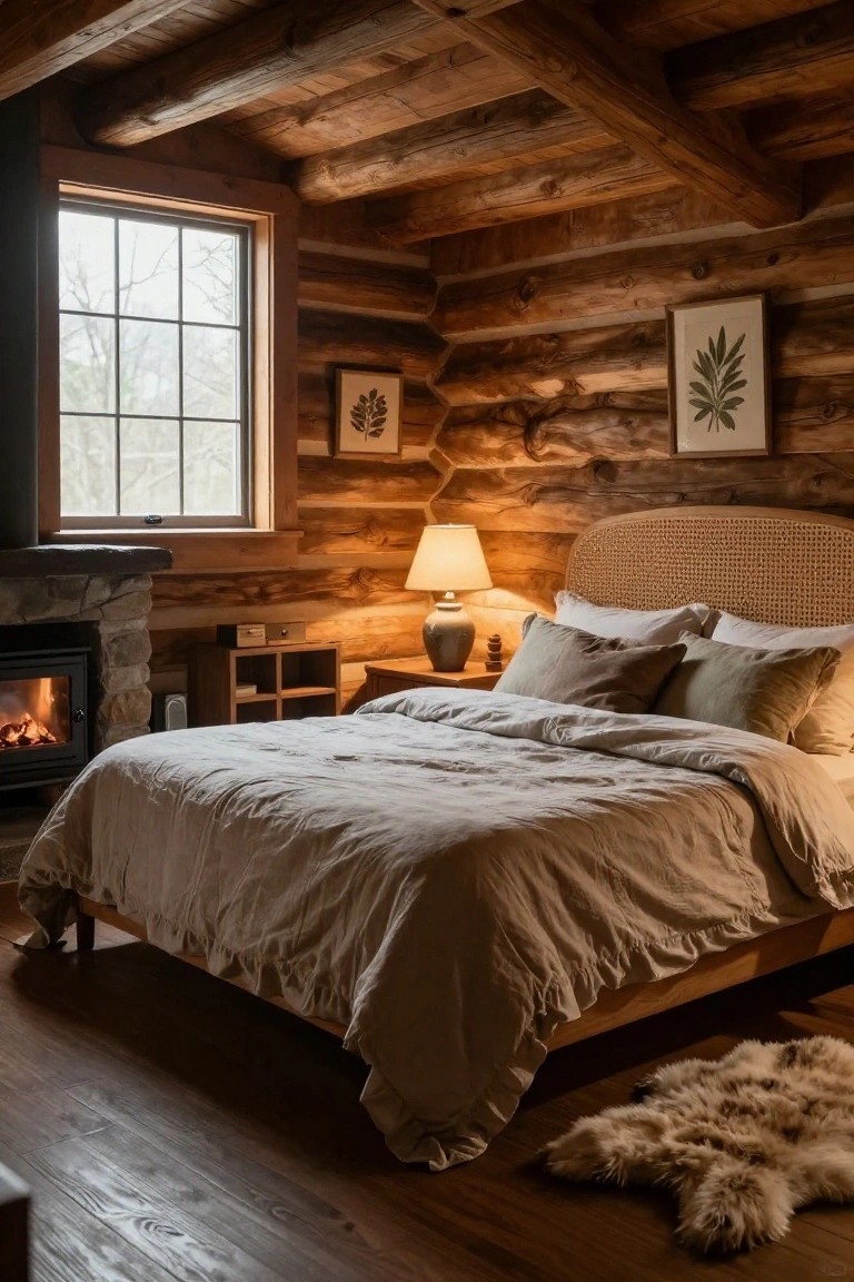 Log cabin bedroom interior with exposed wooden beams and walls, stone fireplace burning in corner, rattan headboard bed with beige linens and pillows, wooden nightstand with lamp, and sheepskin rug on floor.