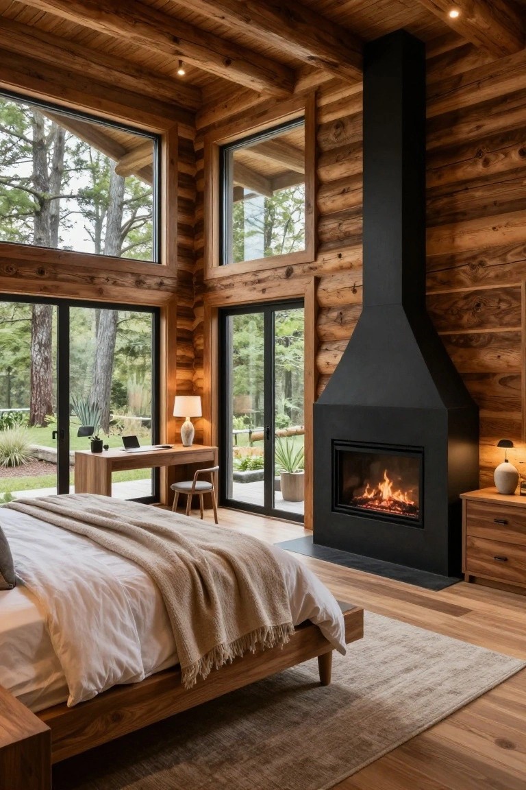 Log cabin bedroom with exposed wood walls and ceiling, a tall black linear gas fireplace with lit flames, wooden platform bed with white linens, small desk and chair near glass doors to forested outdoors, and potted plants.