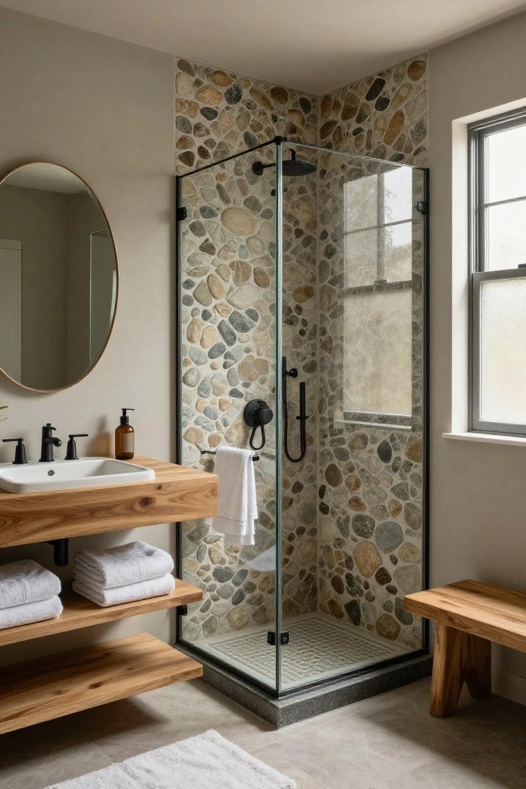 Corner glass shower enclosure with pebble mosaic tiled walls in a bathroom featuring a wooden floating vanity, round gold mirror, black fixtures, shelves with towels, and a wooden bench on a light gray floor.