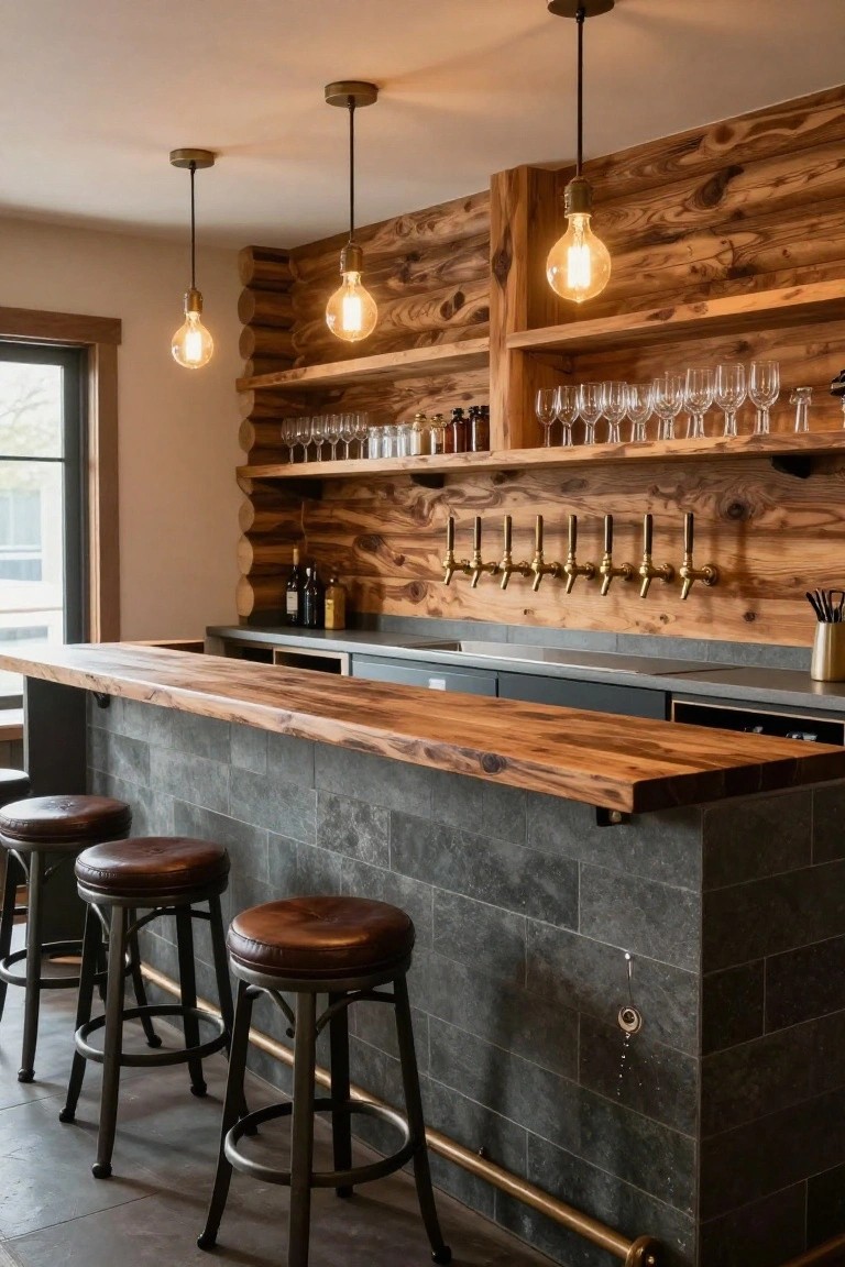 Rustic indoor bar area featuring log wood walls, live-edge wooden countertop, row of brass beer taps on shelves above, leather bar stools, and hanging Edison bulb lights.